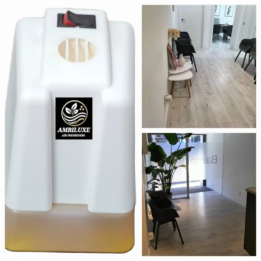 Ambientador eléctrico de aromas de aceites esenciales naturales para tiendas, oficinas y negocios. Funciona por evaporación del aroma de forma constante y homogénea, cobertura hasta 150m2
